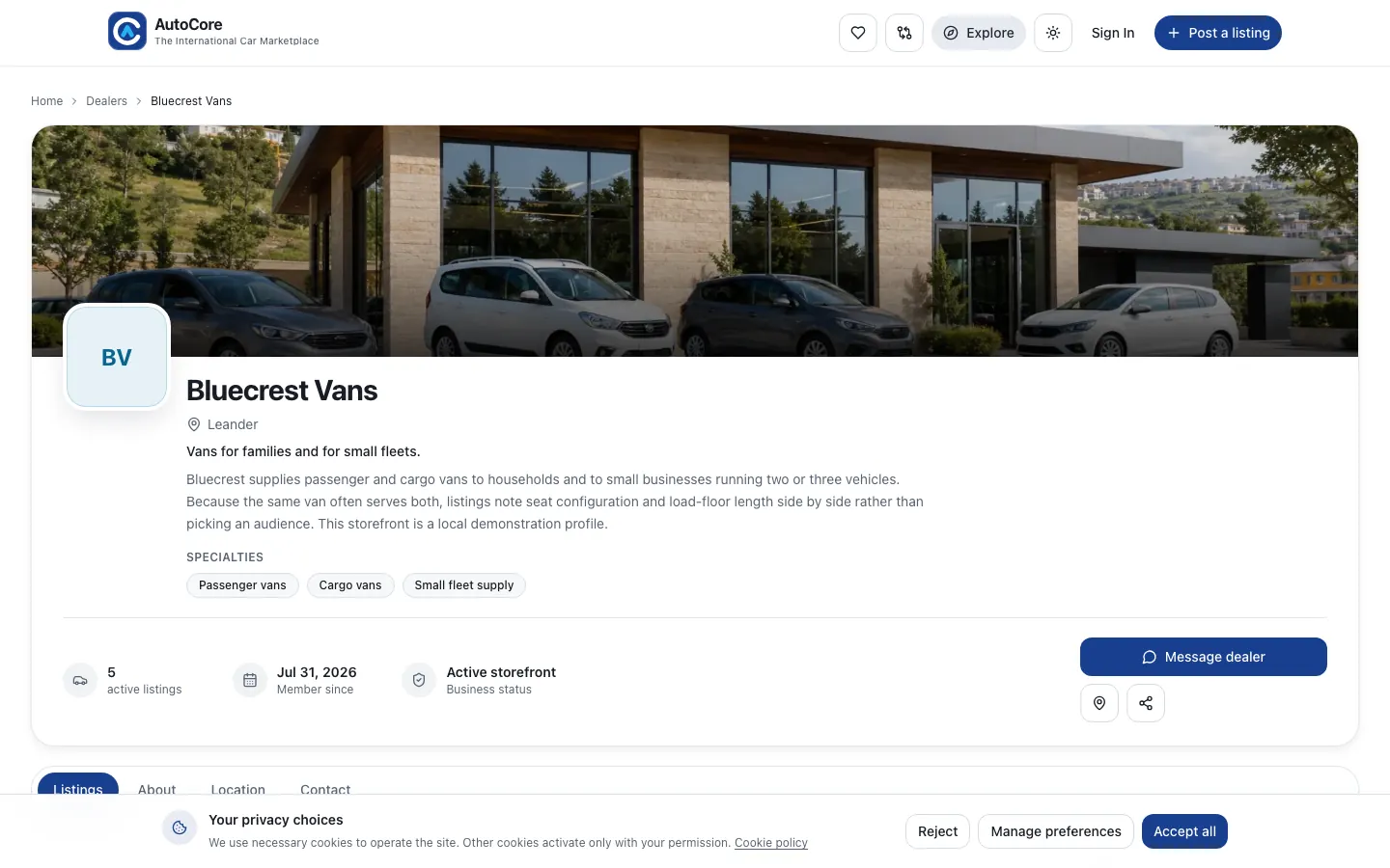 Real anonymous AutoCore demo dealer storefront showing a synthetic dealer profile and inventory summary
