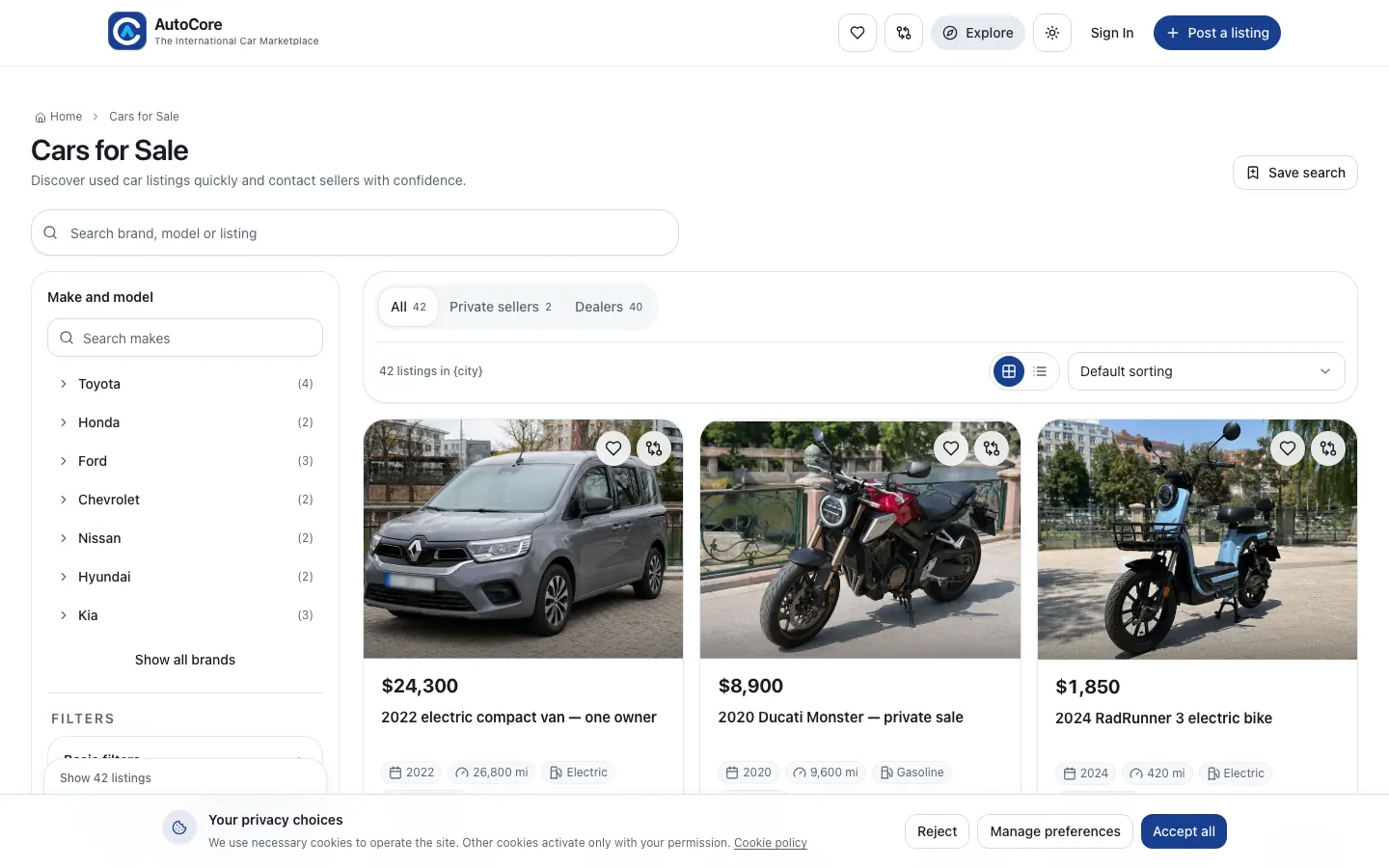 Real anonymous AutoCore demo listing results showing search, filters, counts, and vehicle cards
