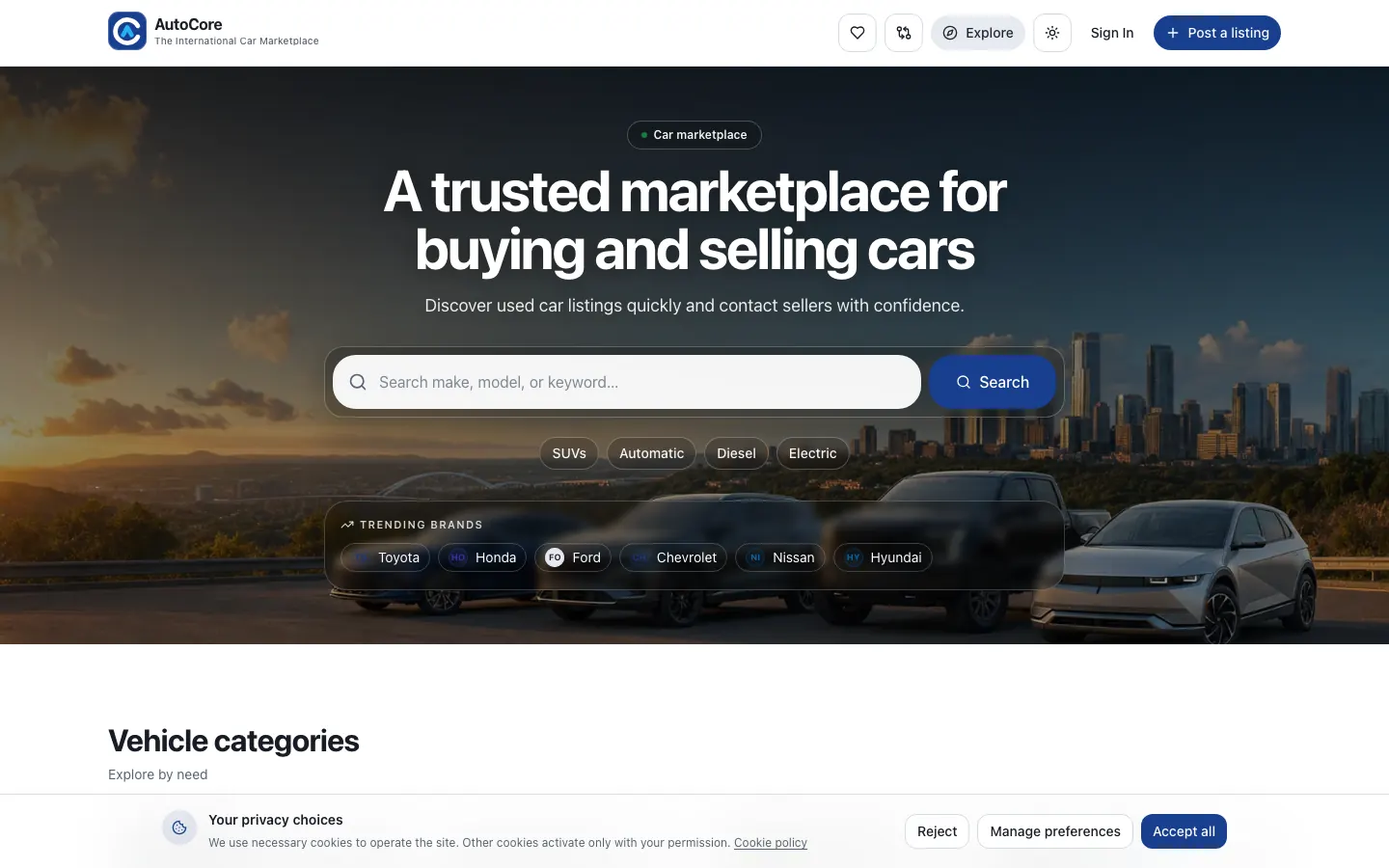 Real anonymous AutoCore demo marketplace home showing the public Web surface and search entry point