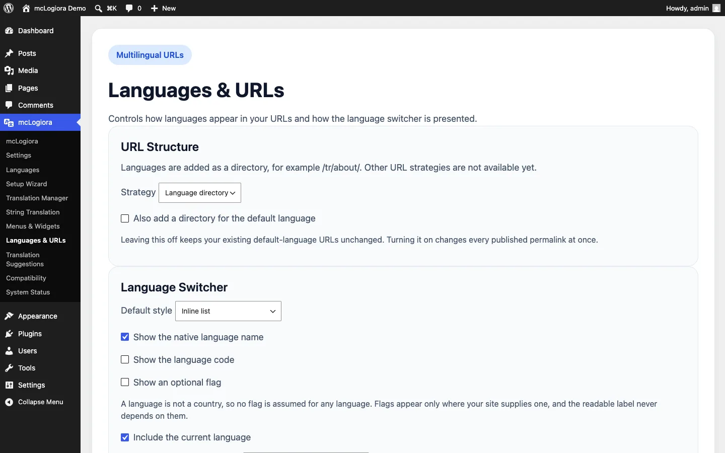 mcLogiora language URL settings